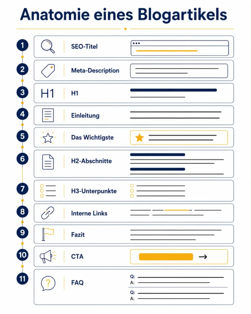 Infografik zum Blogartikel schreiben mit der typischen Struktur aus SEO-Titel, Meta-Description, H1, Einleitung, H2-Abschnitten, CTA und FAQ.