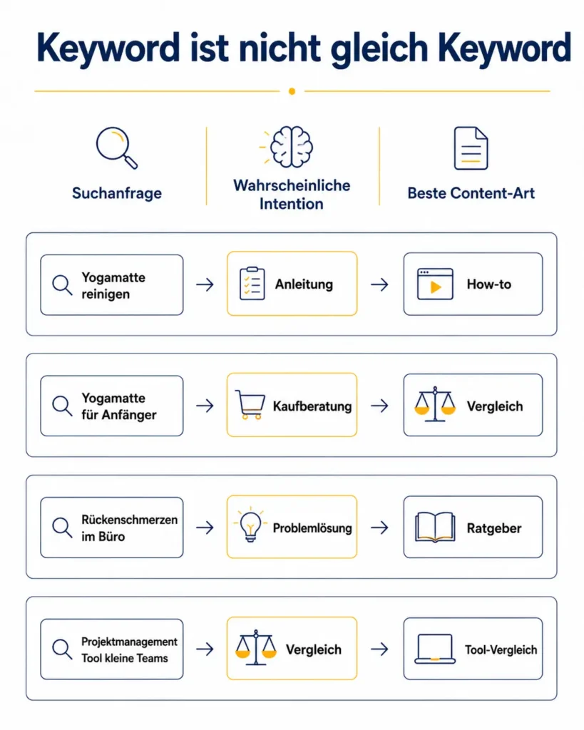 Infografik zum Blogartikel schreiben mit Beispielen für Suchanfragen, Suchintentionen und passende Content-Arten.