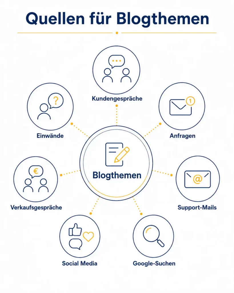 Infografik zum Blogartikel schreiben mit Quellen für Blogthemen wie Kundengespräche, Anfragen, Support-Mails, Google-Suchen und Einwände.