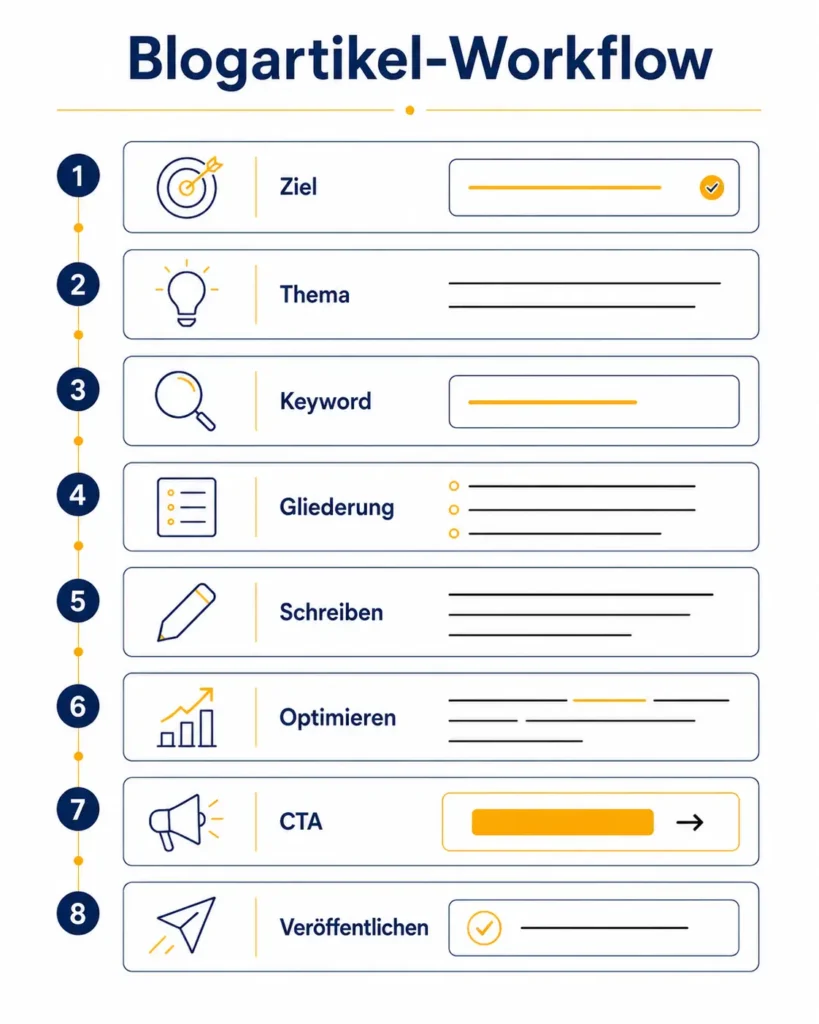 Infografik zum Blogartikel schreiben mit acht Schritten von Ziel, Thema und Keyword bis CTA und Veröffentlichung.