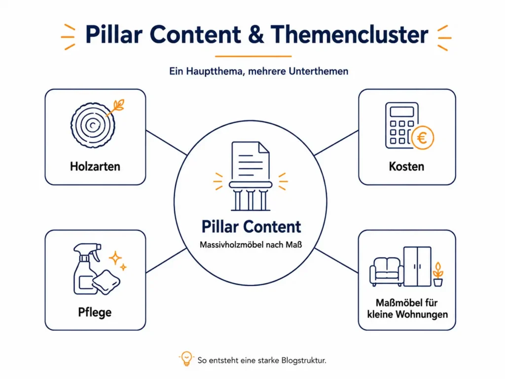 Infografik zum Content Plan erstellen mit Pillar Content: Ein Hauptthema zu Massivholzmöbeln wird mit Unterthemen wie Holzarten, Kosten, Pflege und Maßmöbel für kleine Wohnungen verbunden.