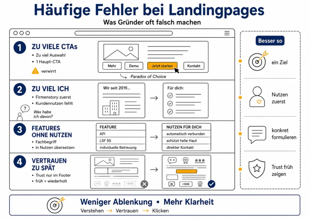 Infografik im Querformat zum Landingpage erstellen mit den häufigsten Fehlern: zu viele CTAs, zu viel Ich-Perspektive, Features ohne klaren Nutzen und zu spät platzierte Trust-Signale.