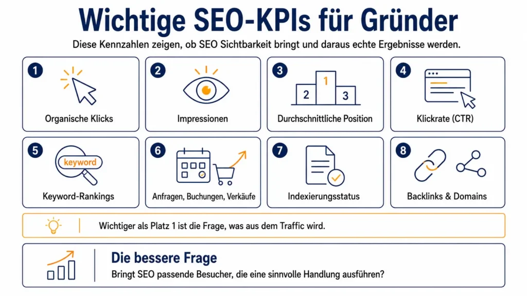Infografik zum Google Ranking verbessern mit SEO-KPIs: organische Klicks, Impressionen, Positionen, CTR, Keyword-Rankings, Anfragen und Backlinks.