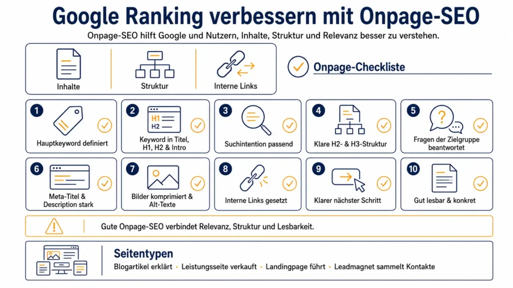 Infografik zum Google Ranking verbessern mit Onpage-SEO: Checkliste für Keywords, Suchintention, Überschriften, Meta-Daten, interne Links und Lesbarkeit.