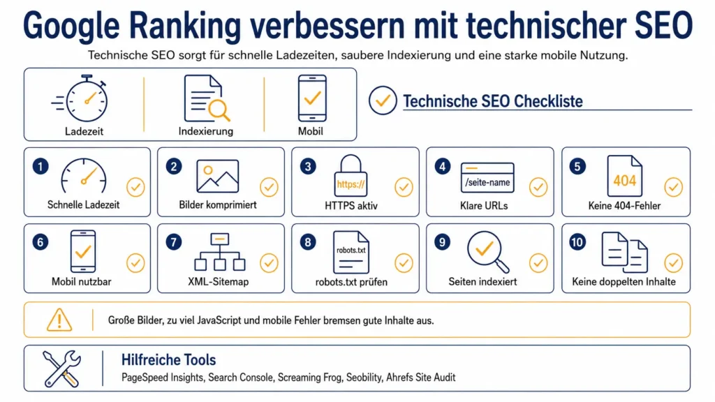 Infografik zum Google Ranking verbessern mit technischer SEO: Checkliste für Ladezeit, Indexierung, mobile Nutzung, HTTPS, Sitemap und Backlinks.