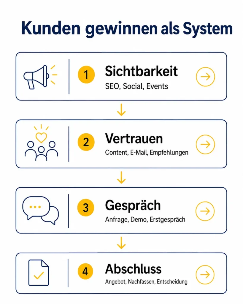 Infografik zum Kunden gewinnen als System mit vier Phasen: Sichtbarkeit, Vertrauen, Gespräch und Abschluss.