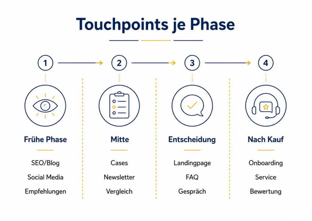 Infografik mit passenden Touchpoints je Phase der Kundenreise, von SEO und Social Media bis Onboarding, Service und Bewertung.