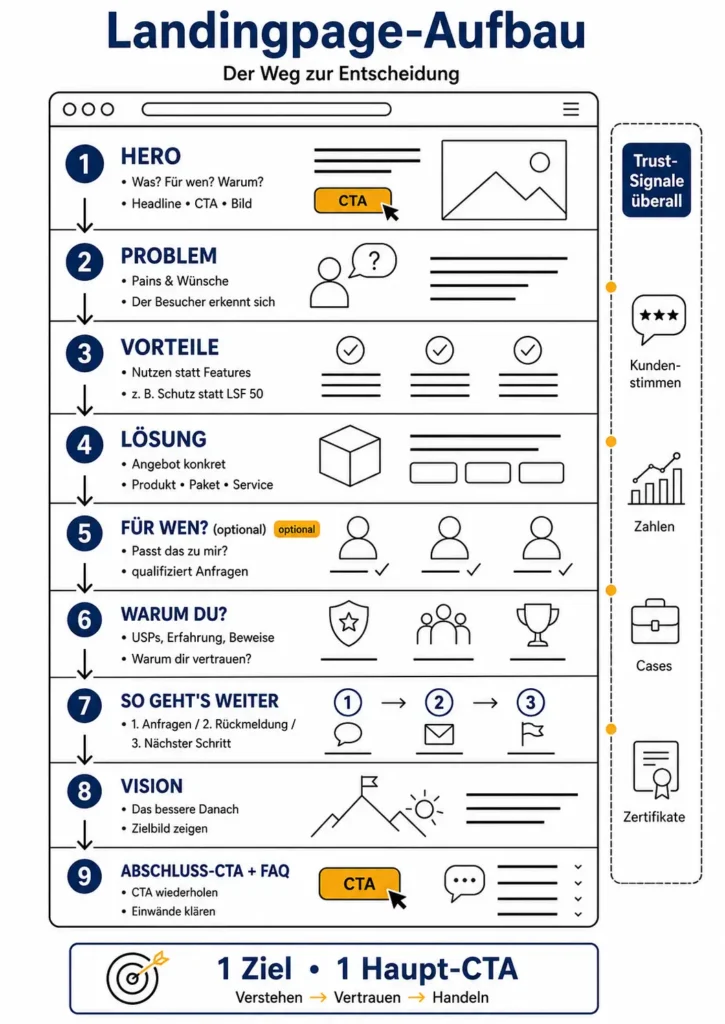 Infografik zum Landingpage erstellen mit wireframeartigem Aufbau von Hero-Bereich, Problem, Vorteilen, Lösung, Trust-Signalen, CTA und FAQ.