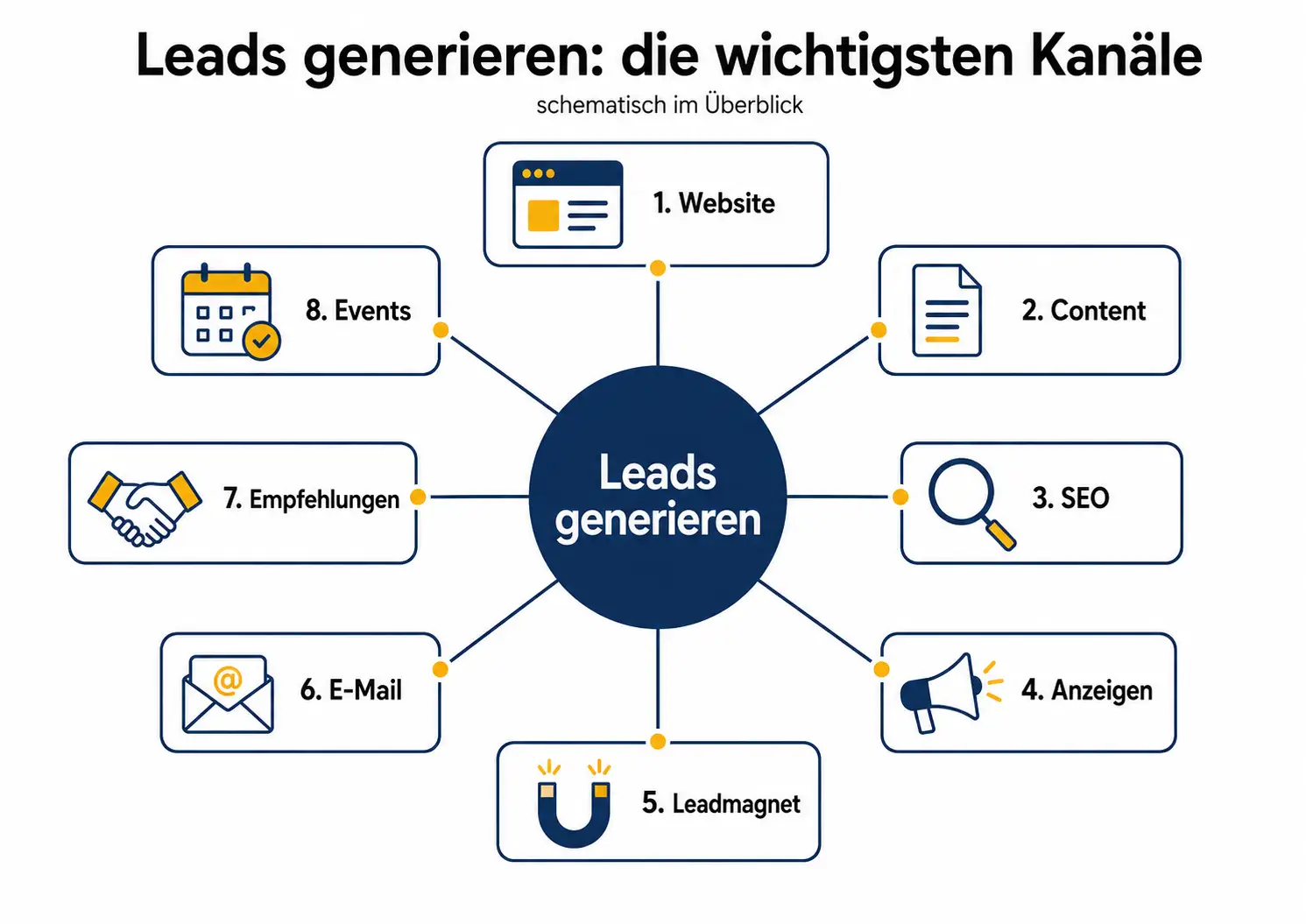 Infografik zeigt acht Kanäle, mit denen Gründer Leads generieren können: Website, Content, SEO, Anzeigen, Leadmagnet, E-Mail, Empfehlungen und Events.