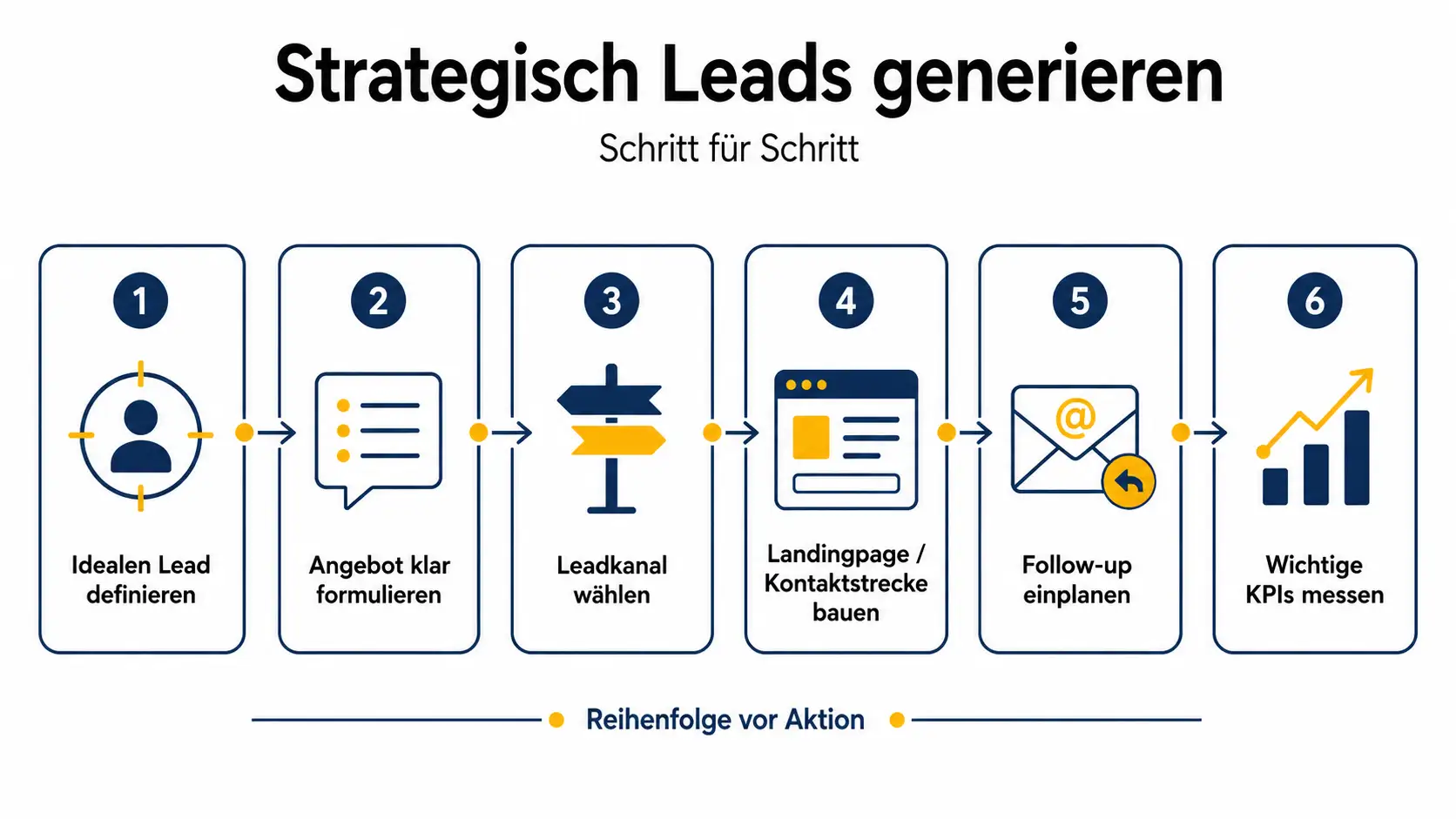 Infografik zeigt sechs Schritte, um strategisch Leads generieren zu können: idealen Lead definieren, Angebot formulieren, Kanal wählen, Landingpage bauen, Follow-up planen und KPIs messen.