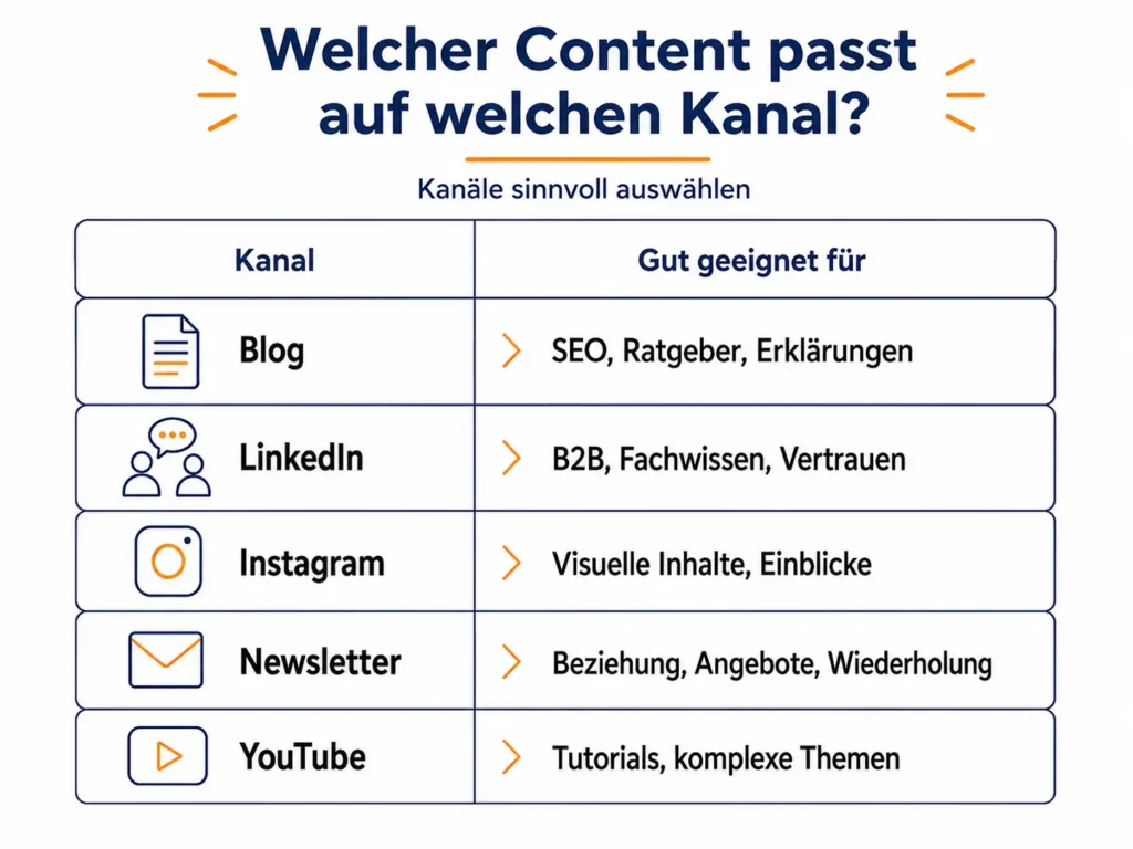 Infografik zum Content Plan erstellen mit einer Kanalübersicht: Blog für SEO und Ratgeber, LinkedIn für B2B und Fachwissen, Instagram für visuelle Inhalte, Newsletter für Beziehung und Angebote, YouTube für Tutorials.