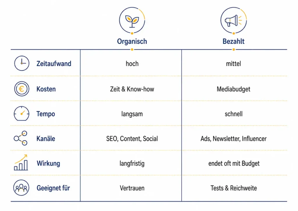 Infografik zu „online sichtbar werden“ mit Vergleich von organischer und bezahlter Sichtbarkeit nach Zeitaufwand, Kosten, Tempo, Kanälen, Wirkung und Ziel.