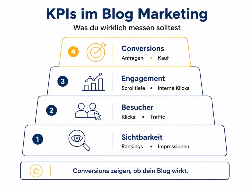 Infografik zum Blog Marketing mit vier KPI-Ebenen: Sichtbarkeit, Besucher, Engagement und Conversions. Conversions stehen oben und umfassen Anfragen und Kauf.