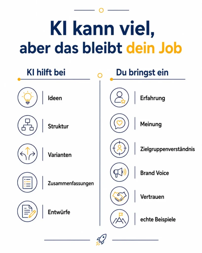 Infografik zu KI im Marketing als Gegenüberstellung: KI hilft bei Ideen, Struktur, Varianten, Zusammenfassungen und Entwürfen; Menschen bringen Erfahrung, Meinung, Zielgruppenverständnis, Brand Voice, Vertrauen und echte Beispiele ein.