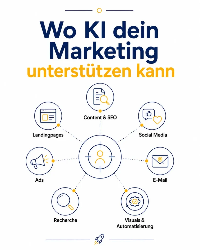 Infografik zu KI im Marketing mit sieben Einsatzbereichen: Content und SEO, Landingpages, Social Media, Ads, E-Mail, Recherche sowie Visuals und Automatisierung.