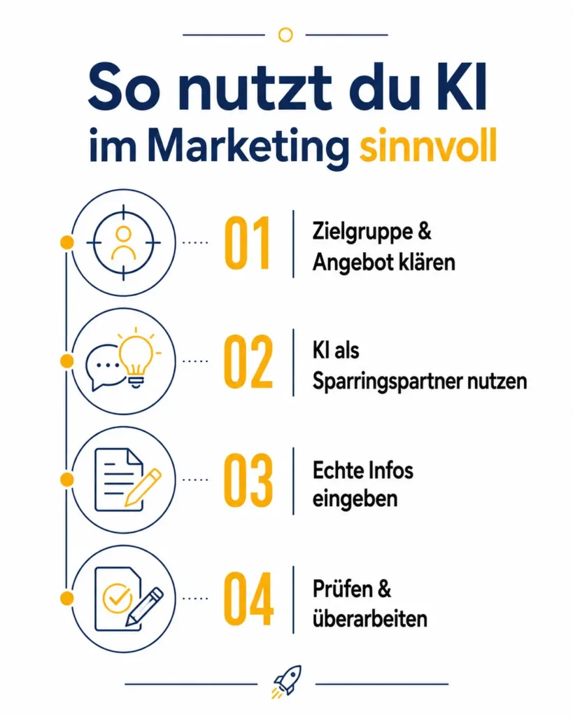 Infografik zu KI im Marketing mit vier Schritten: Zielgruppe und Angebot klären, KI als Sparringspartner nutzen, echte Informationen eingeben sowie Ergebnisse prüfen und überarbeiten.